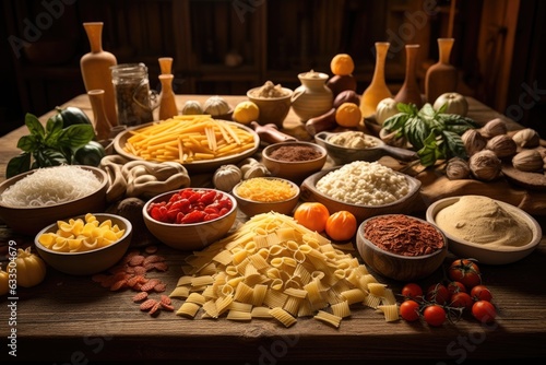 variety of pasta types on a wooden table