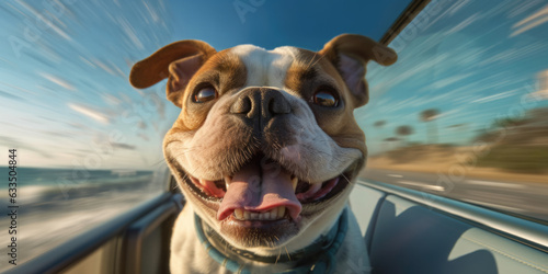 Dog sit on the side of window car during car speed, in the style of playful and fun.generative ai