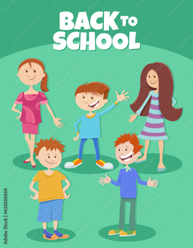 cartoon happy children with back to school caption