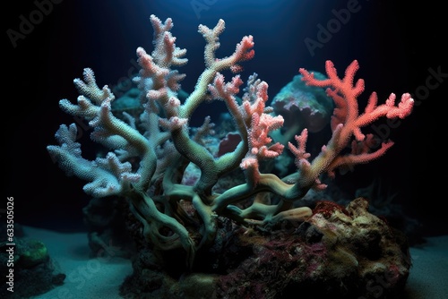 nighttime view of branching coral with visible polyps photo