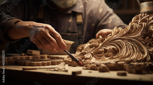 Wood working craftsmanship of an artesian carving a handmade artwork from a piece of wood