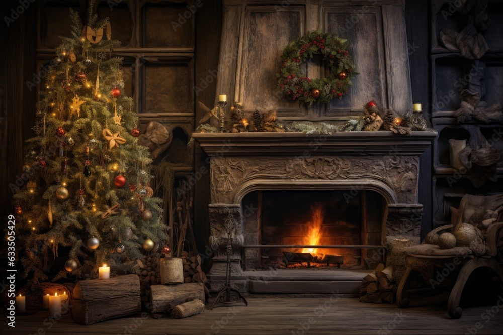 christmas tree with a cozy fireplace in the background