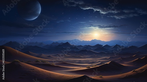  a painting of a desert landscape at night with a full moon. generative ai