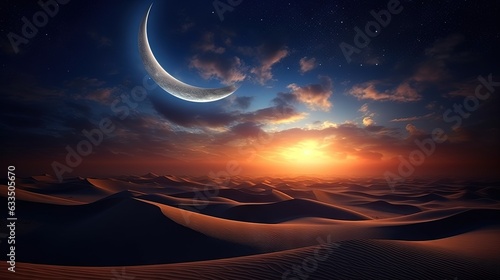  a crescent moon in the night sky over a desert landscape. generative ai