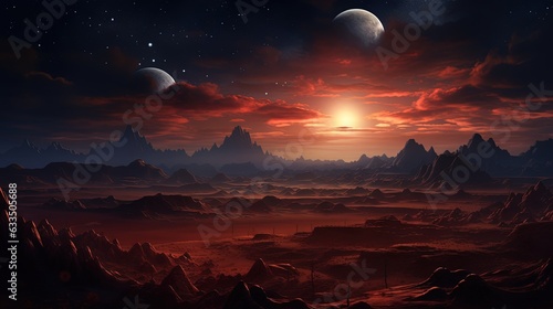  an alien landscape with mountains, rocks, and planets in the sky. generative ai