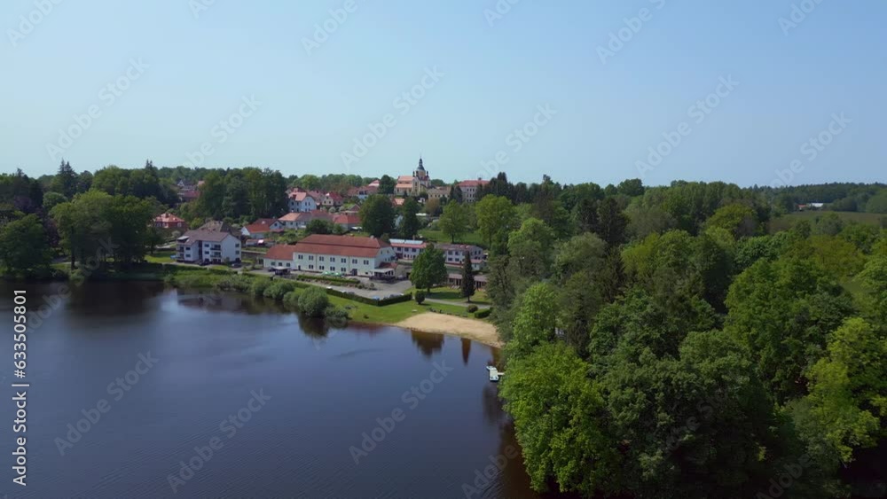 Dramatic aerial view flight drone Czech village Lake Summer Paradise city town Dramatic aerial view flight drone Czech village Lake Summer Paradise city town