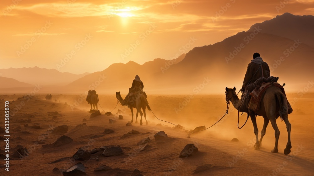 Fototapeta premium a group of people riding on the backs of camels. generative ai