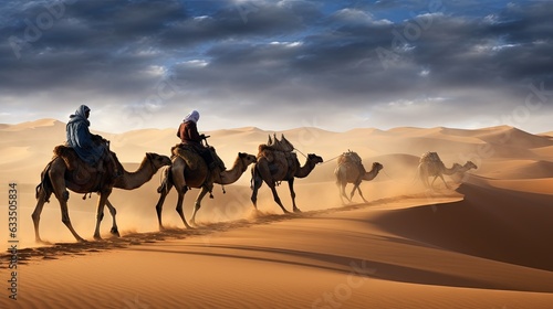  a group of people riding on the backs of camels.  generative ai