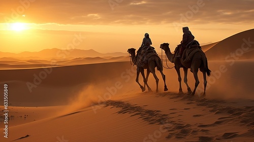  a couple of people riding on the backs of camels.  generative ai