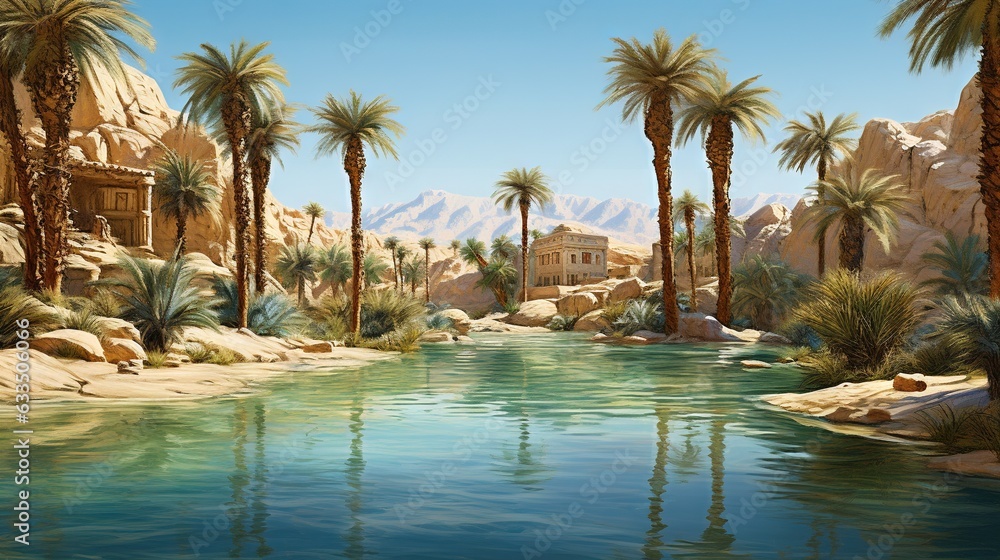  a painting of palm trees and a river in a desert.  generative ai