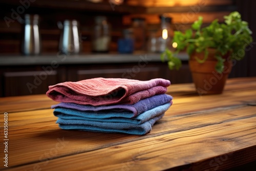 close-up of a dishcloth on a wooden countertop