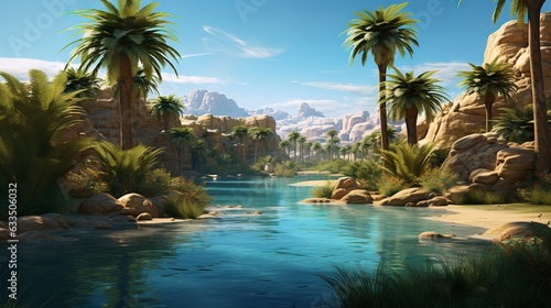  a painting of a river surrounded by palm trees and rocks. generative ai