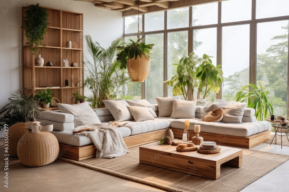 Modern open space interior with a modular sofa, furniture, wooden coffee tables, plaid, pillows, tropical plants, and elegant personal accessories in a stylish home decor. The living room has a Modern open space interior with a modular sofa, furniture, wooden coffee tables, plaid, pillows, tropical plants, and elegant personal accessories in a stylish home decor. The living room has a
