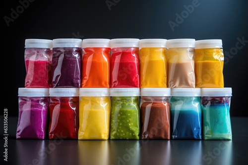 a stack of colorful baby food pouches photo