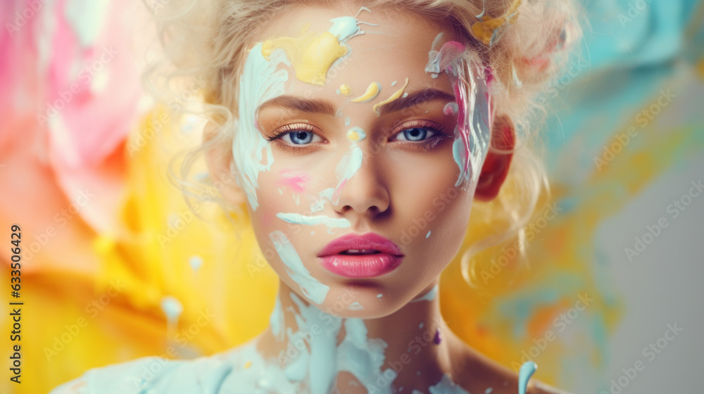 Close-up portrait of a young beautiful girl. Light pink, baby blue peachy orange, yellow, sprinkling. Water, swimming, rest and beauty. Generative AI. Close-up portrait of a young beautiful girl. Light pink, baby blue peachy orange, yellow, sprinkling. Water, swimming, rest and beauty. Generative AI.