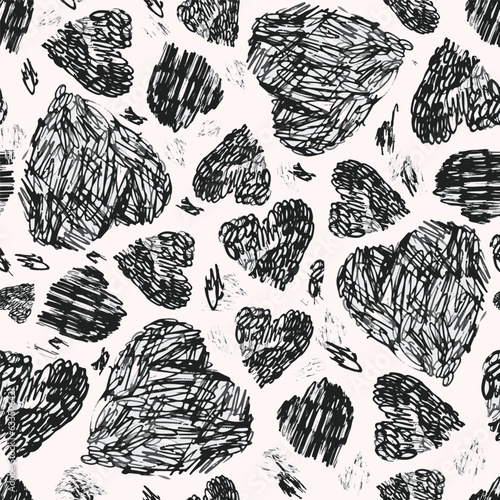 A pattern with Freehand vector scribble line drawing hearts. Monochrome color. Valerntin's day. Can be used for textiles, paper, fashion.