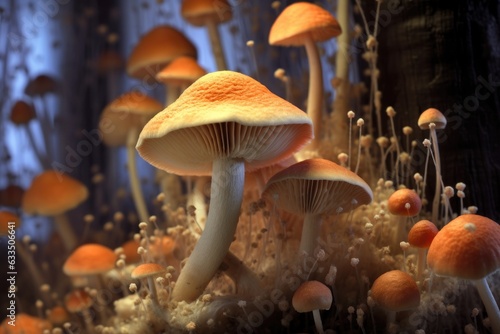 macro view of gilled mushroom underside with spores photo