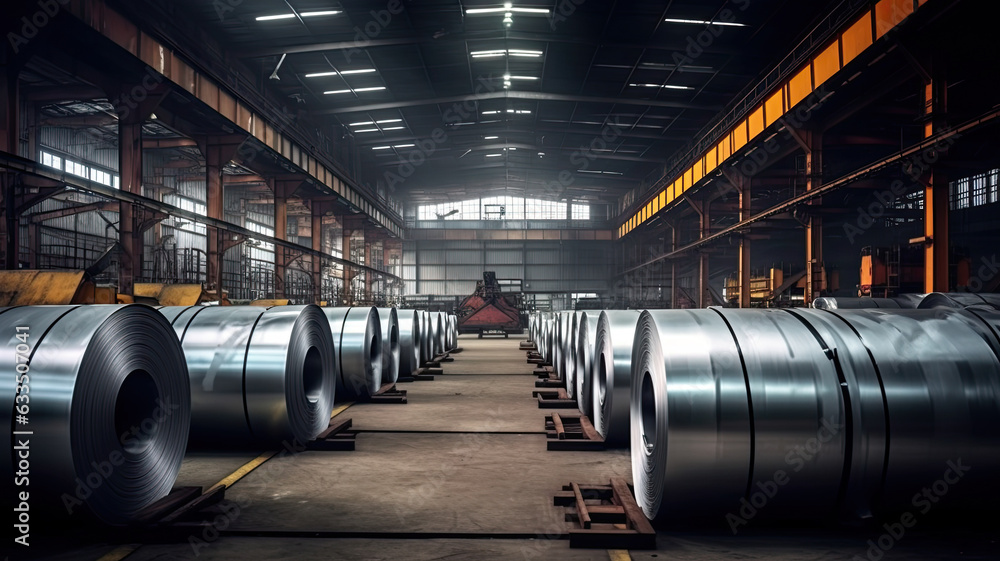 photograph of Rolls of galvanized steel sheet inside the factory or warehouse. photograph of Rolls of galvanized steel sheet inside the factory or warehouse.