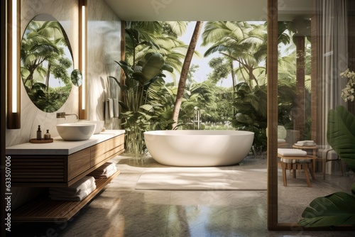 A representation of a contemporary and lavish bathroom is depicted, showcasing a white color scheme complemented by a tropical ambiance. The floor is adorned with marble, and a wooden sink counter