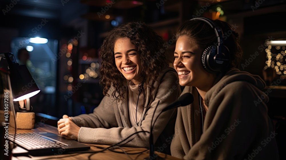 photograph of Two young women record podcast and laugh.generative ai photograph of Two young women record podcast and laugh.generative ai
