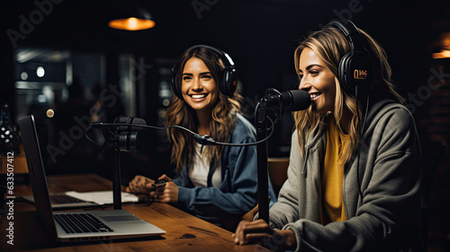 photograph of Two young women record podcast and laugh. photo
