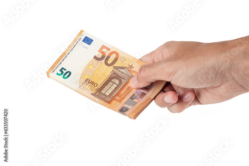 Hand holding 50 euro banknote isolated on white background, clipping path included