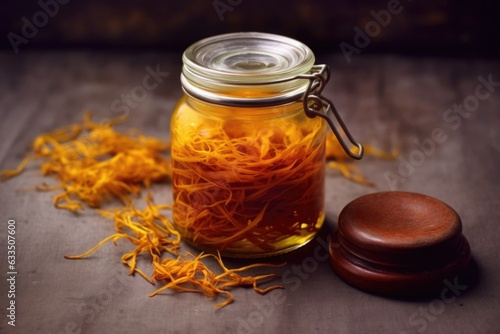 saffron stigmas stored in a vintage glass jar