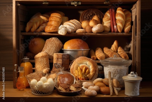 fresh bread and pastries arranged in a breadbox photo