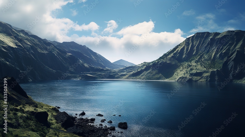  a large body of water surrounded by mountains and a blue sky.  generative ai