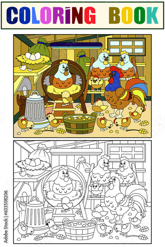 Agricultural premises, chicken coop. Farm bird, chicken family. Raster illustration, children coloring book.