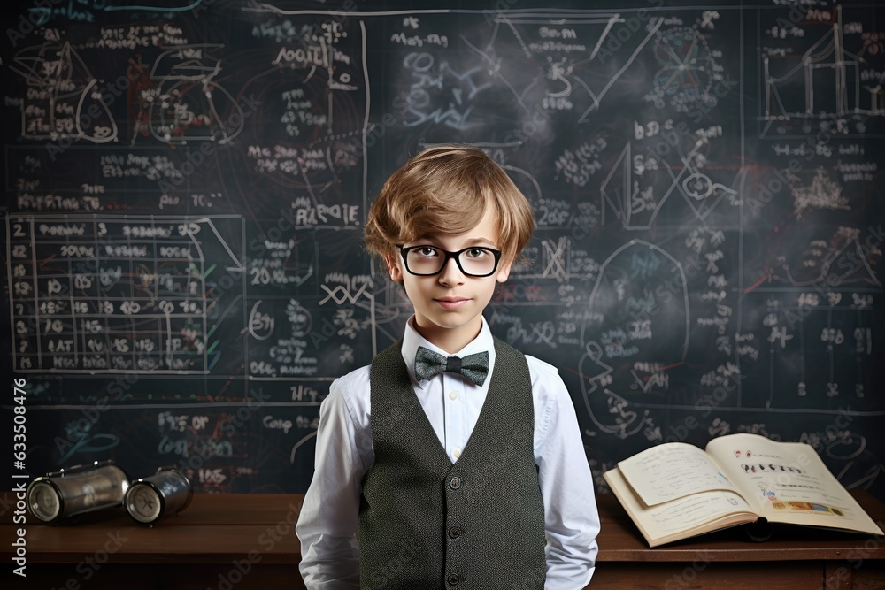 A young boy with glasses, wearing a suit, standing in front of a blackboard with math on it. A young boy with glasses, wearing a suit, standing in front of a blackboard with math on it.
