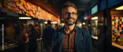 portrait of creative caucasian happy man in casual wear talking and meeting with presentation Team ,generative ai photo