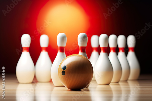Bowling ball and skittles on a dark background. Fototapet
