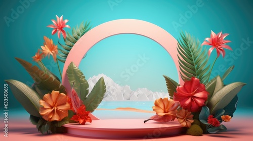 Summer themed tropical podium for display product. Background for cosmetic product branding, identity and packaging.