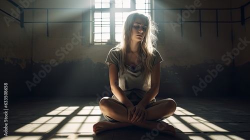 A female lieutenant is sitting sadly in a prison cell. photo