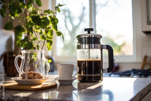 french press filled with fresh coffee on countertop photo