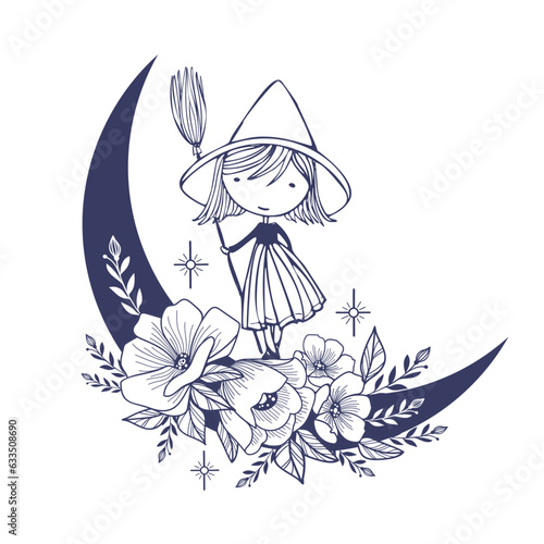 Vector esoteric moon with a little witch standing on it, flowers and stars. Boho witchcraft symbol, witchy esoteric objects, floral mystical elements.