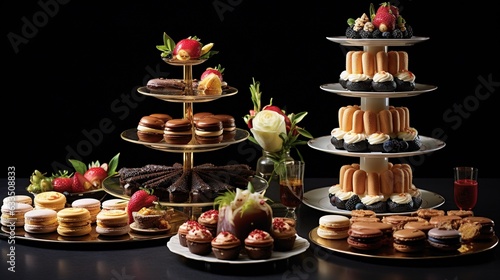  a table topped with three tiered trays filled with cakes and desserts. generative ai