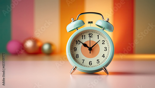 Retro alarm clock on pastel colored background, alarm jumping.generative ai