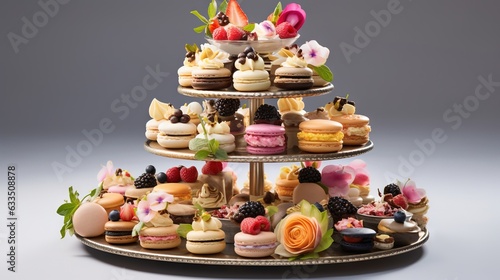  a three tiered display of desserts and pastries. generative ai