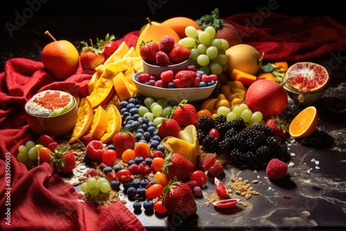 fruit salad ingredients scattered artistically on a table