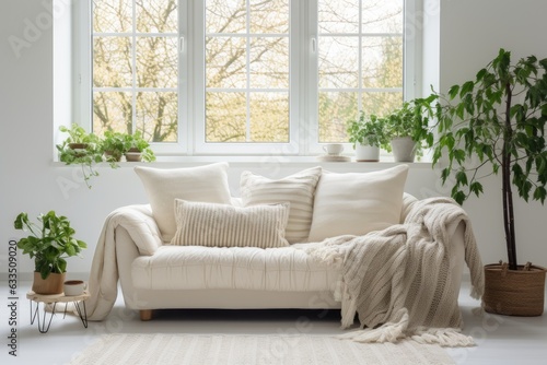 White couch in living room with sunlight and plants.