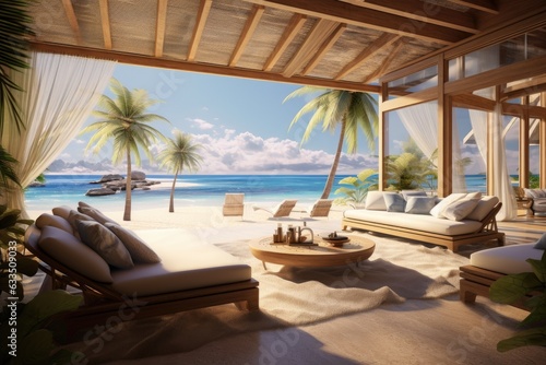 Vacation and summer 3D render interior of an ocean facing villa with a beach lounge.