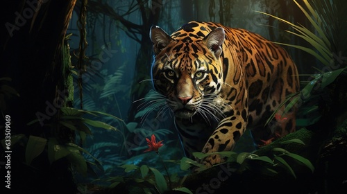  a painting of a tiger walking through a forest of plants.  generative ai © Anna