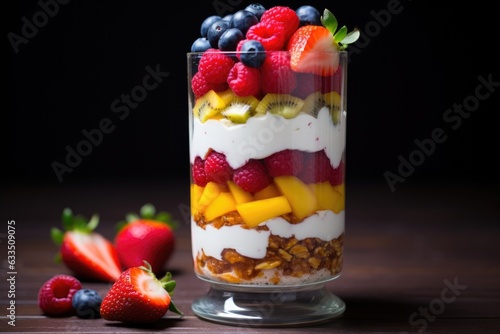 layered fruit salad in a tall glass or parfait