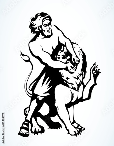 Samson fights a lion. Vector drawing