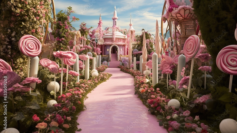  a pink and white garden with a castle in the background.  generative ai