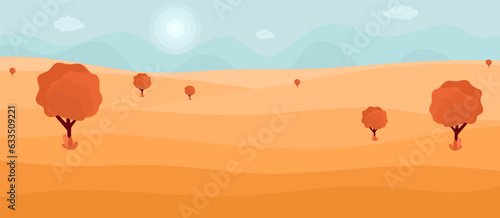Vector autumn landscape with trees, fields, clouds and blue sky. Countryside horizontal landscape. Autumn background. Flat panoramic illustration of fall season. Vector illustration
