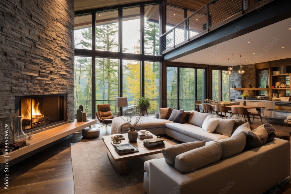 Modern living room with stone fireplace, open layout, and hardwood floors.