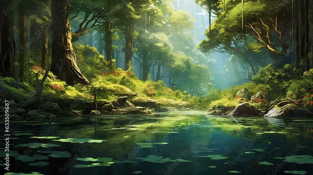  a painting of a river in the middle of a forest.  generative ai